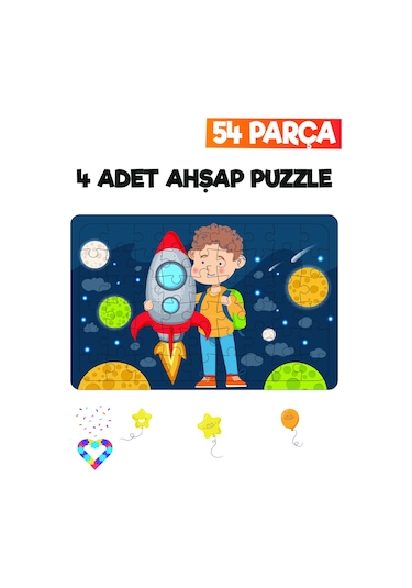 Ahşap 54 Parça 4 Adet Çocuk Puzzle
