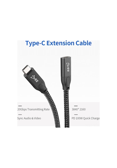 Geekyou Usb 3.1 Gen2 Type-c Uzantı Kablosu, 100w Pd Hızlı Şarj, 20gbps Veri Transferi, 4k Ses-video Senkronizasyonu, Thunderbolt3 Dış Disk Uyumlu, Siyah, 0.3m