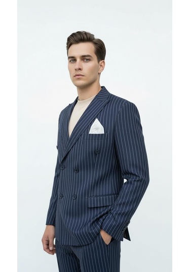 Plus Scorpion Lacivert Çizgili Erkek Kruvaze Blazer Ceket İtalyan Kesim, Modern Ve Klasik Şıklık Lacivert