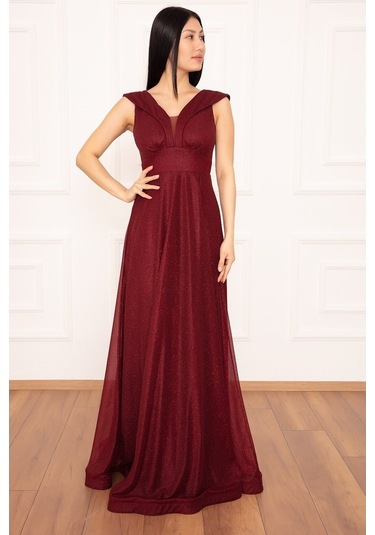 Kalopya Simli Tül Uzun Abiye Elbise 13280 Bordo