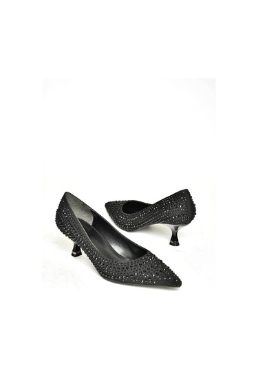 Beyaz Rina Damla Taşlı Topuklu Kadın Ayakkabı Siyah Siyah