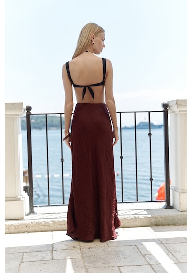 Eubah Kırışık Uzun Bordo Saten Etek Bordo