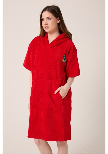 Palmiye Sörf Nakışlı Yetişkin Sörf Yazlık Panço Kapüşonlu Plaj Havlusu Bordo Bordo