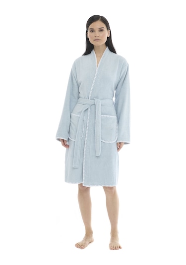 Athena Kimono Kadın Bornozu- Beyaz %100 Pamuk Mavi