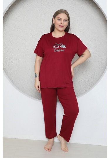 Fames Pijama Büyük Beden Likrali Ring Viskon Kisa Kol Yazlik Pijama Takim Bordo