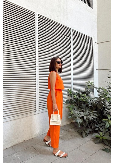 Turuncu İthal Müslin Kumaş, Basic, Katlı, Salaş Askılı Bluz & Atlet Turuncu