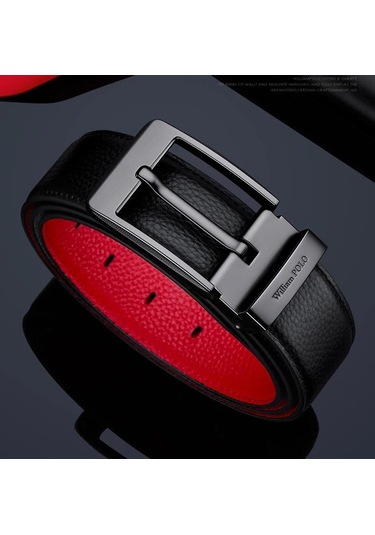 Williampolo Hakiki Deri Italy 2024 Kırmızı Detaylı Kemer Siyah