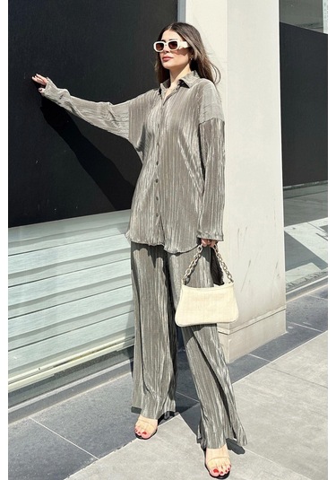 Kadın Haki Uzun Tunik Gömlek & Beli Lastikli, Bol Paça Pantolon - Salaş Bürümcük Takım Haki