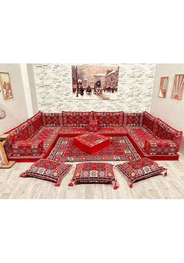 Coton Şark Köşesi Otantik Desenli Lüks Minder Takımı Konsept 19 Parça Kırmızı Kırmızı