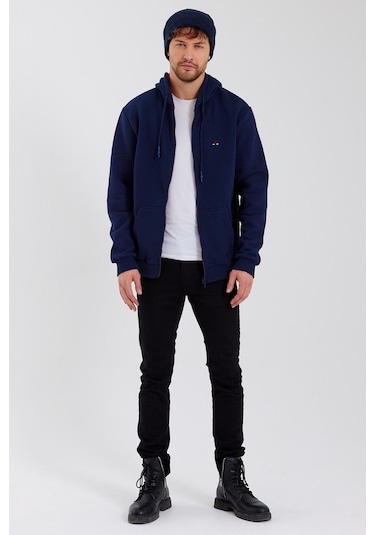 Polostate Erkek Fermuarlı Kanguru Cep 3 İplik Sweatshirt Lacivert