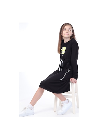 Toontoy Kız Çocuk Neon Baskılı Elbise Siyah