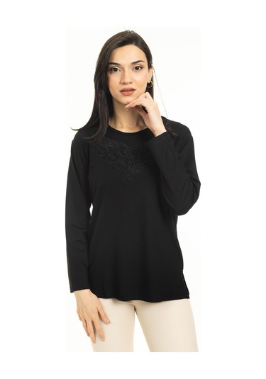 Kadın Orta Yaş Ve Üzeri Yeni Model Yuvarlak Yaka Likralı Anne Penye Bluz 30550-siyah