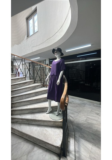 İtalyan Müslin Keteni Üstü File Bluzlu Astarlı Tek Parça Elbise-9256 Mor