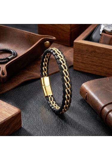 Moncuk Design Sarı Çift Zincir Çelik Ve Deri Bileklik 33514b2d4 Çok Renkli