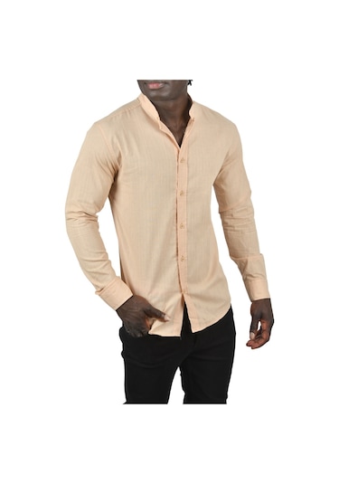 Deepsea Erkek Bej Hakim Yaka Flamlı Keten Gömlek Bej