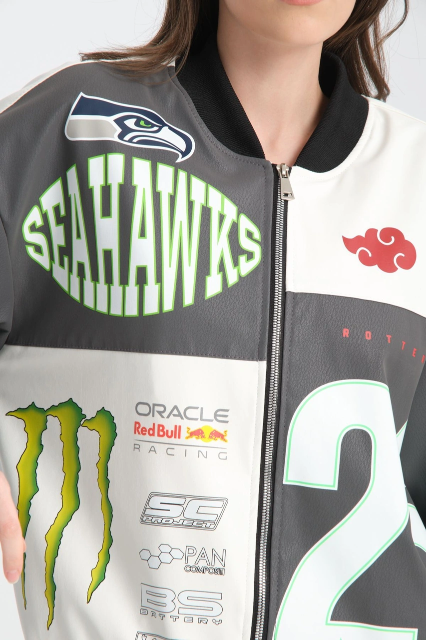 Kadın Oversize Baskılı Deri Motorcu Montu Fermuarlı Yarışçı Ceket Astarlı Bomber Kolej Mont Gri