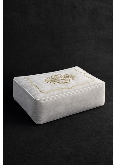 Laura Kadife Gold Nakışlı Hurç Büyük Boy 60x40x20 Cm Söz Çeyizlik Nişan Düğün Gelin Bohçası Beyaz