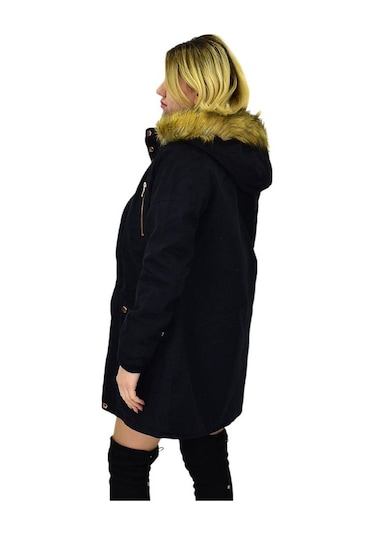 Büyük Beden Çıkarılabilir Kapüşonlu Kürk Astarlı Kadın Gabardin Kaban Siyah
