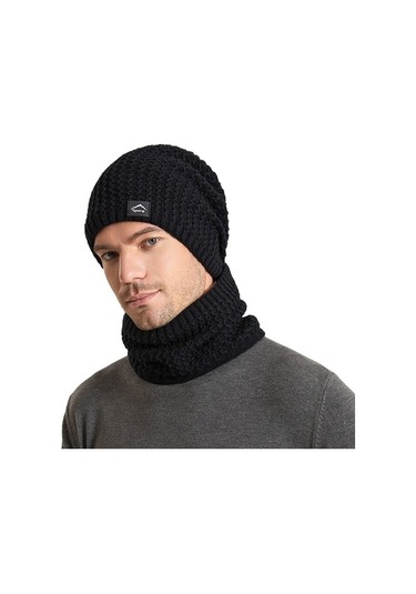 Kış Artı Kadife Sıcak Örme Şapka Erkek Soğuğa Dayanıklı Kulak Koruyucu Şapka Ve Atkı Seti 0933 Beyaz - Siyah