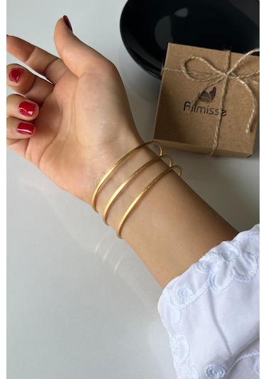 Gold Kaplama Düz Kumlu Model 3 Lü Çelik Ajda Model Bilezik 65 Mm Gold