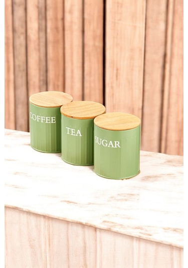 3 Lü Ahşap Kapaklı Metal Saklama Kutusu Çay Kahve Şeker Kavanoz Saklama Kabı Yeşil