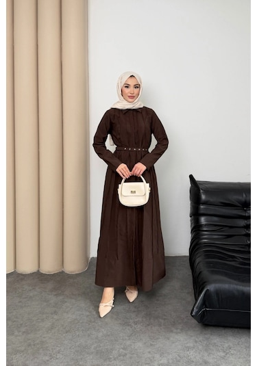 Mihran Butik Quenn Model Coupra Model Kumaş Kemer Detaylı Elbise Kahverengi