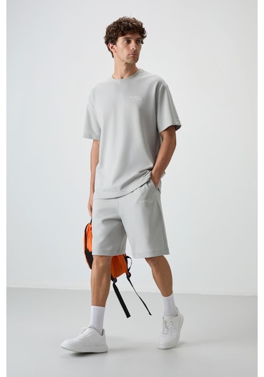 Taş Pamuklu Kalın Yumuşak Dokulu Oversize Fit Nakışlı Erkek Şort Takım - 85250