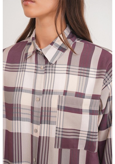 4752 Kadın Oversize Ekose Gömlek Bordo Bordo