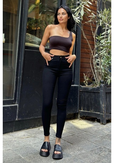 WeShaya Siyah Yüksek Bel Skinny Jean Pantolon Siyah