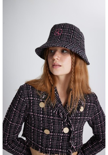Holly Lolly Tüvit Kumaş Logolu Bucket Tweed Şapka Siyah