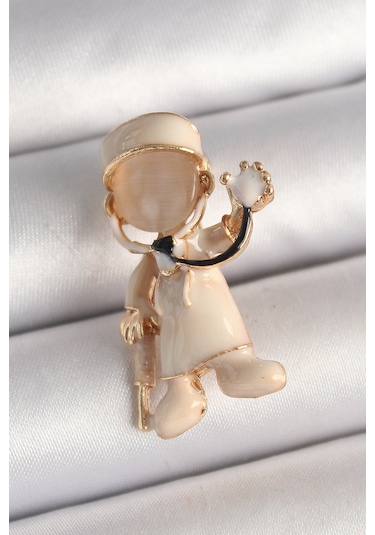 Pirinç Gold Renk Beyaz Mineli Doktor Model Kadın Broş - Ebj250412w32579 Bakır