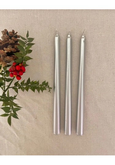 Denic 3 lü Metalik Gri Şamdan Mum Konik Mum
