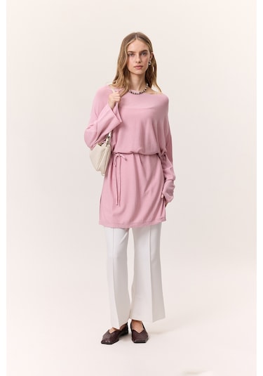 Triko Kuşaklı Tunik Pembe Pembe