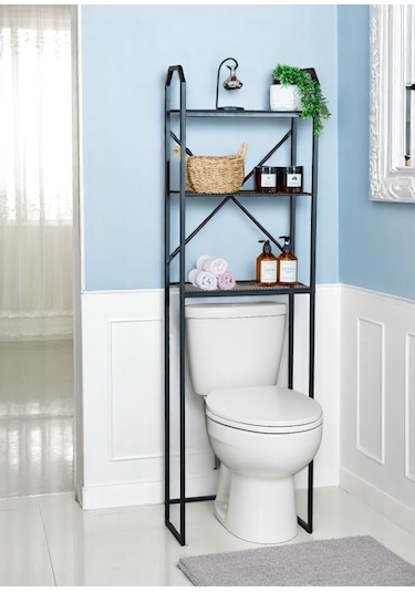 Metal Ayaklı 3 Raflı Banyo Rafı Klozet Üstü Dekoratif Raf Siyah