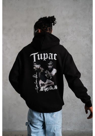 Erkek Oversize Üç İplik Kapüşonlu Sweat Siyah Kol Ve Etek Ribana Detaylı, Ön Ve Sırt Baskılı, Kang Siyah