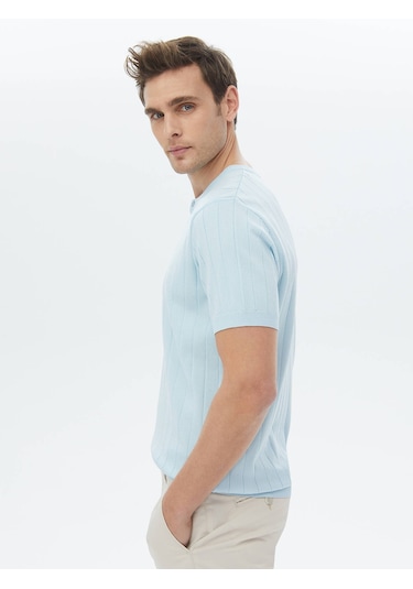 Kip Açık Mavi Hakim Yaka Jakarlı Triko Çok Renkli