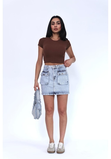 Zeo Basic Kargo Cepli Mini Skirt Mavi- Buz