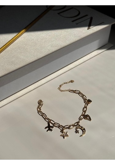 Altın Kaplama Yıldız, Ay Ve Kalp Figürlü Çelik Zincir Bileklik Altın