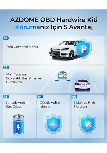 Azdome OBD Hardwire Kit Type-C Giriş 7/24 Park Modu Destekli Güç Adaptörü