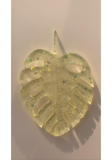Transparan Sarı Renk Glitterli Epoksi Bardak Altlığı Yaprak Desen Sarı