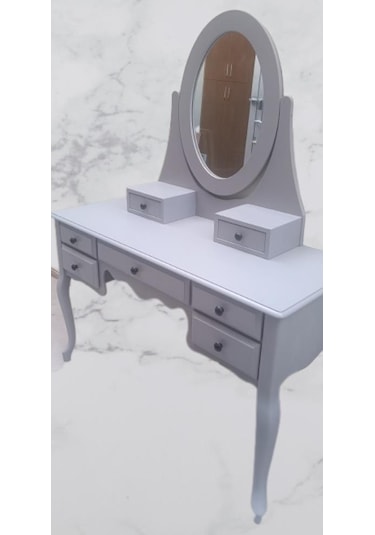 Dresuar makyaj masa 7 çekmece kayın aslan ayak parlak lake gri hareketli ayna kutuda sevk el yapım Gri