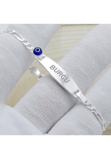 Nazar Boncuklu İsimli Gümüş Bebek Künye Çocuk Bileklik  Csb02