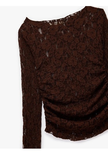 Koton Yarı Transparan Kayık Yaka Kadın Dantel Bluz 6wak80174ek Kahverengi