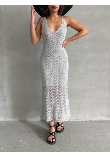 Kadın Askılı Ajurlu Yazlık Triko Elbise Gri