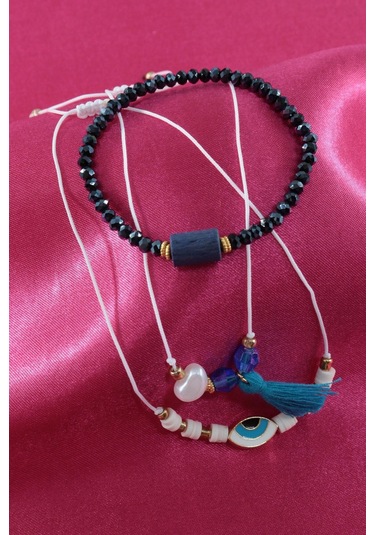 3lü Püsküllü İncili Nazar Boncuklu Asansörlü Bileklik. Lastikli Boncuklu Bileklik. Kadın İp Bileklik Çok Renkli