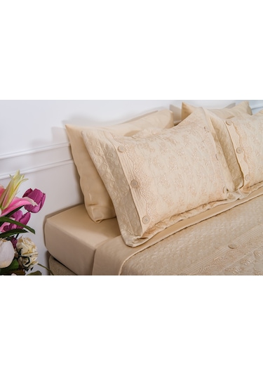 Finezza Gülfem Pamuk Baskılı  Bej-Bej Yatak Örtüsü Seti Çift Kş. 6 Parça-1465 Bej