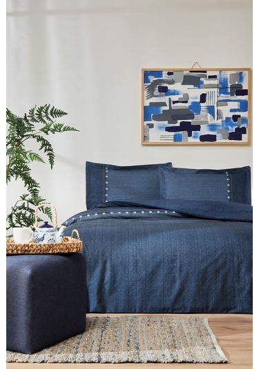 Oregon Çift Kişilik Lastikli Çarşaf Denim Nevresim Takımı Lacivert