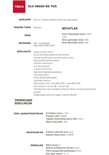 Teka DLV 98660 BK Duvar Tipi Davlumbaz 112930029