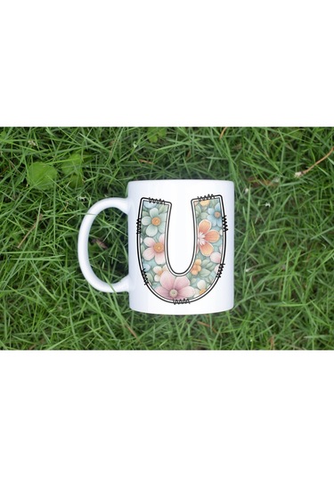 U Harfli Pastel Çiçek Desenli Kahve Kupası - Kişiye Özel Çiçekler Koleksiyonu Bardak - Hediye Beyaz
