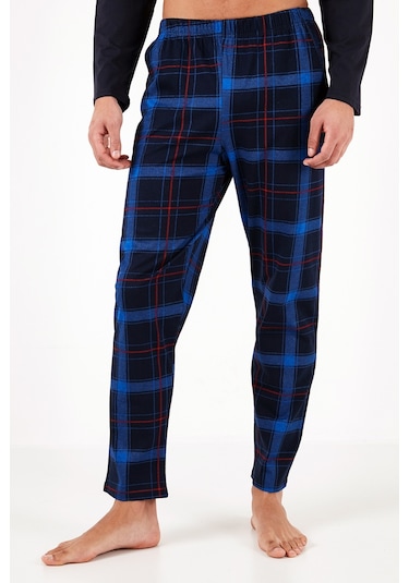 Buratti Ekoseli Cepli Beli Lastikli % 100 Pamuk Regular Fit Erkek Pijama Takımı 6572001 Lacivert-Saks